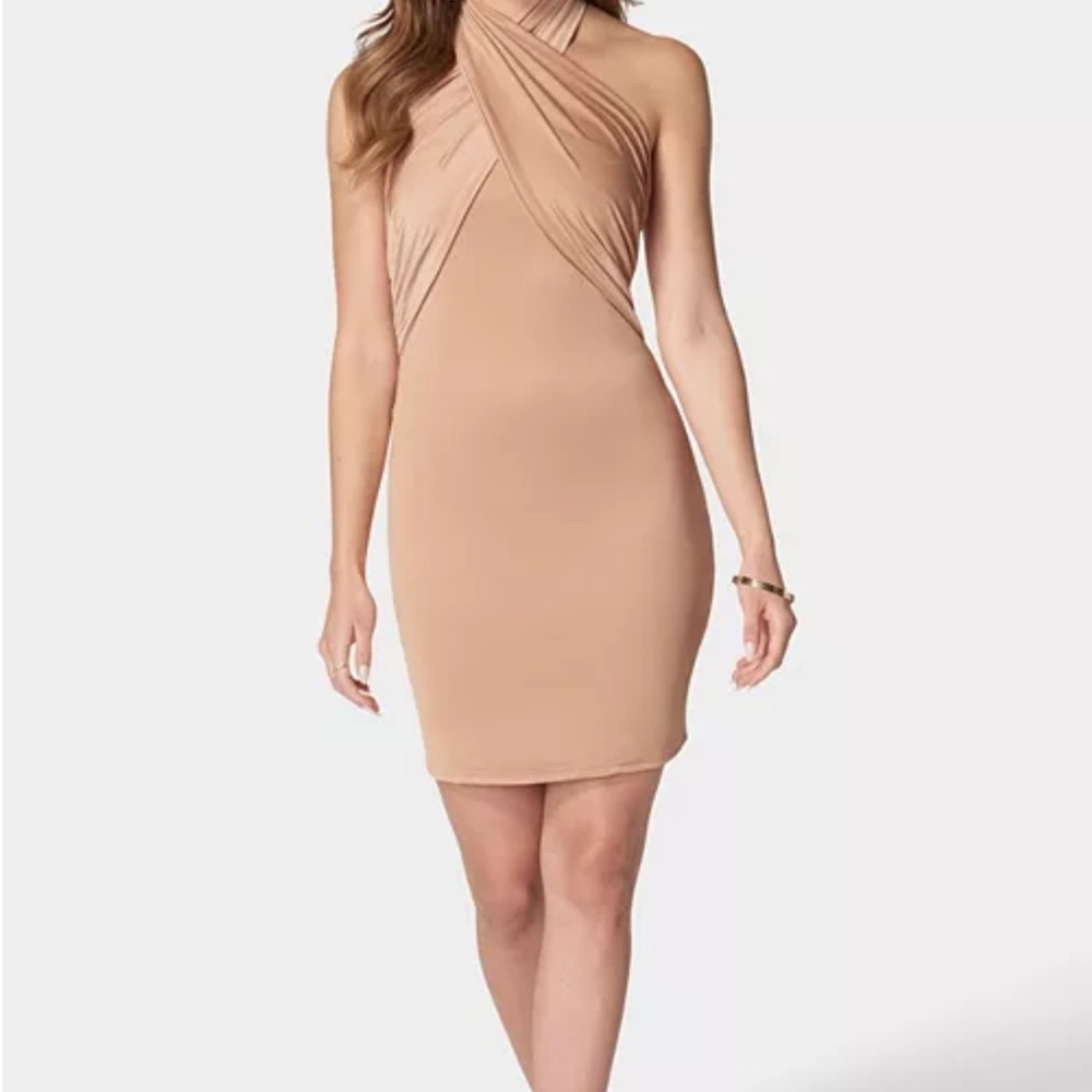 Bebe Cross Front Halter Neck Mini Dress - Toasted Almond
